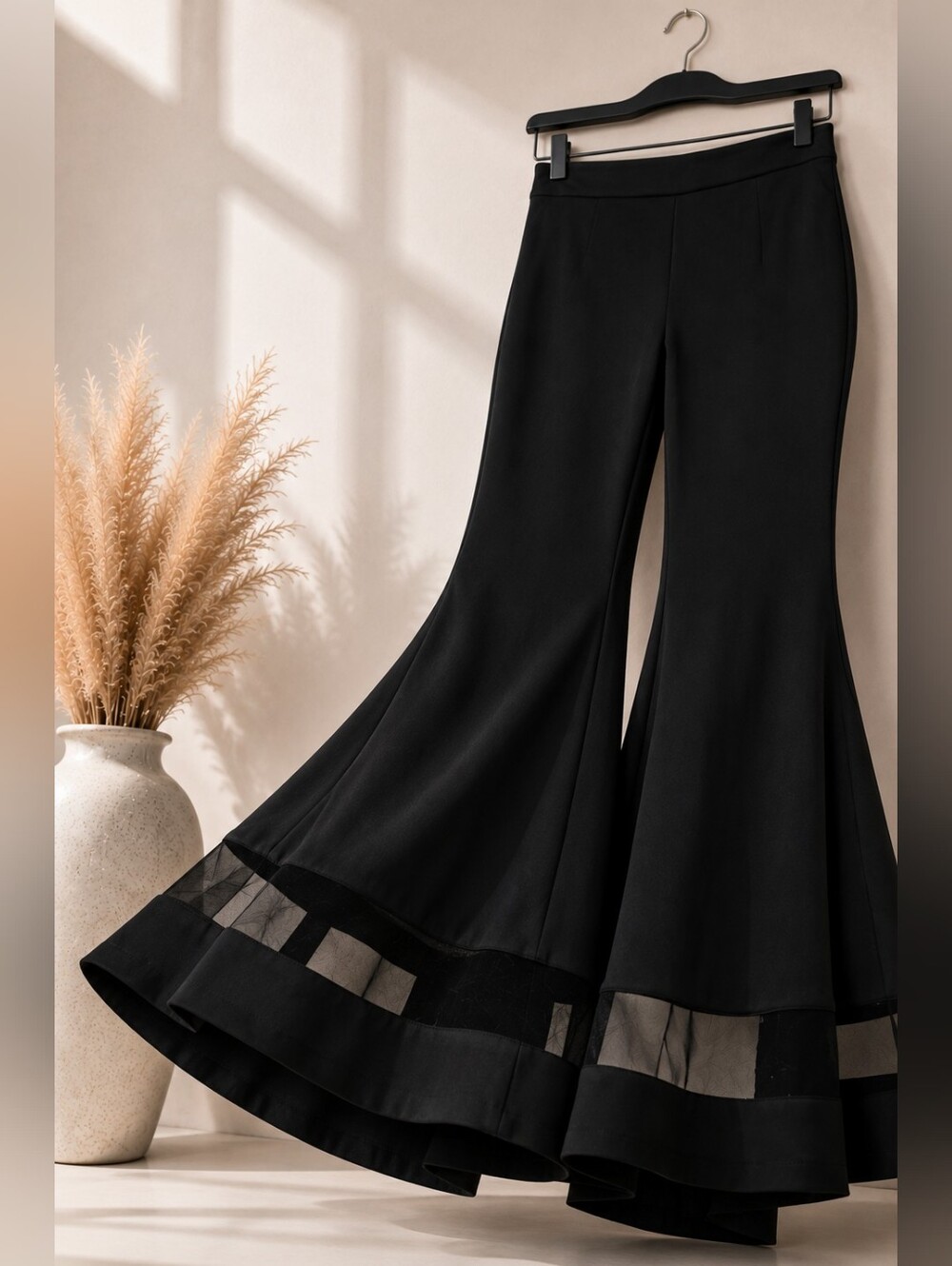 Women Black Mesh Insert Flare Leg Pants - High Waist - Size XS (US 2) - Picture 4 of 5